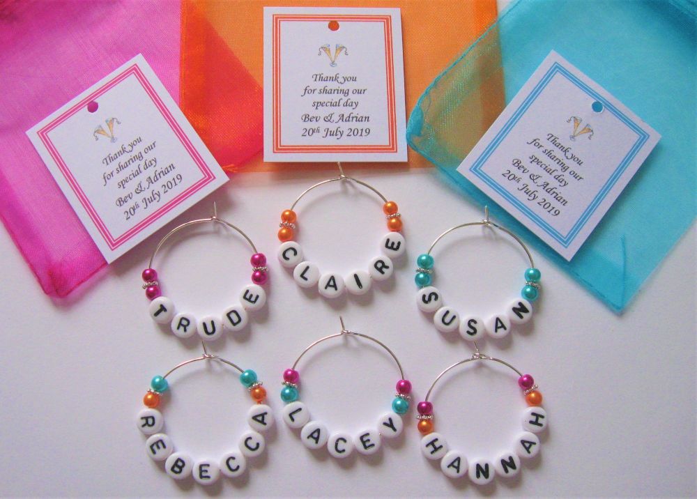 Hot Pink / Orange / Turquoise - Name Wine Glass Charms