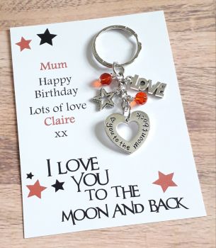 Love you to the Moon and Back Red Beaded Keyring