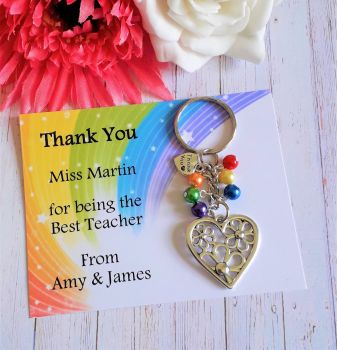 Rainbow or Flower Heart Pendant Teacher Thank You Keyring