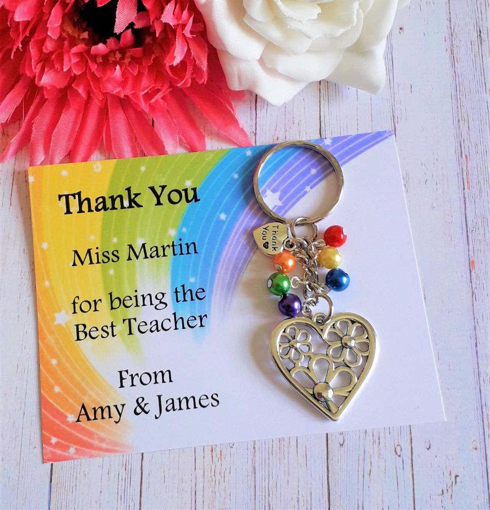 Rainbow or Flower Heart Pendant Teacher Thank You Keyring