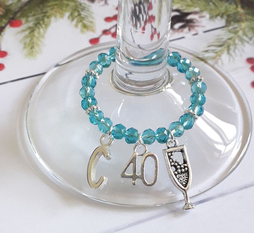 Turquoise Blue Initial & Age Wine Glass Charm