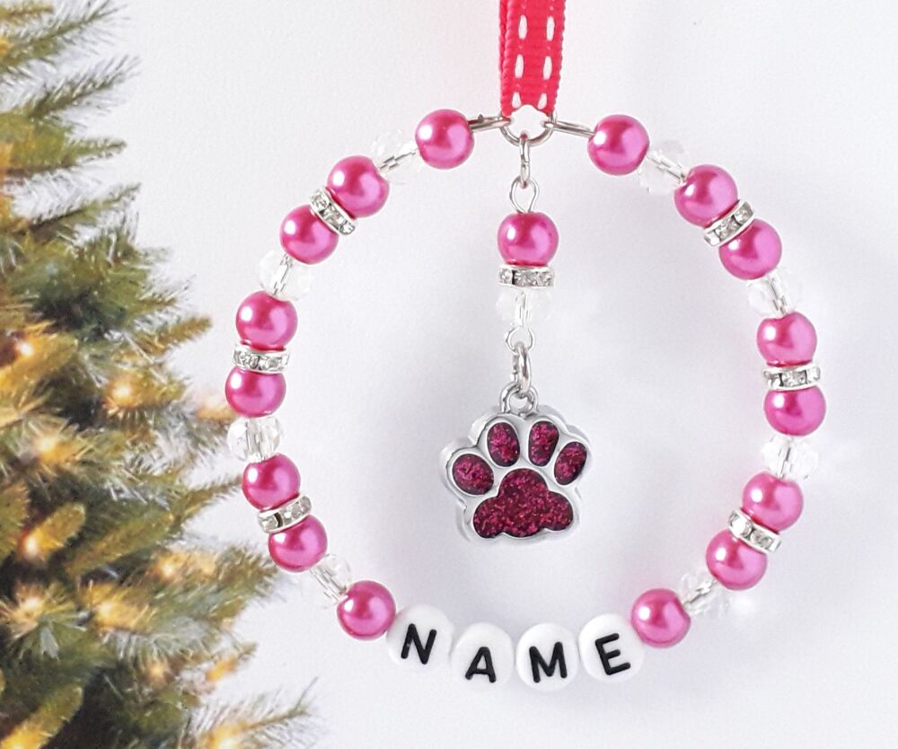 Personalised Hot Pink Pet Paw Print Tree Decoration