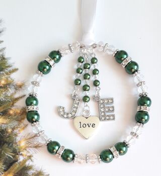 Green - Love Heart & Rhinestone Initials Christmas Tree Decoration