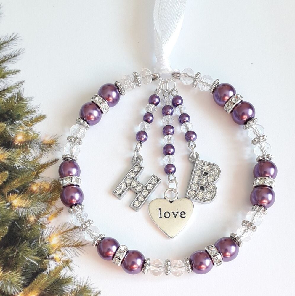 Purple - Love Heart & Rhinestone Initials Christmas Tree Decoration