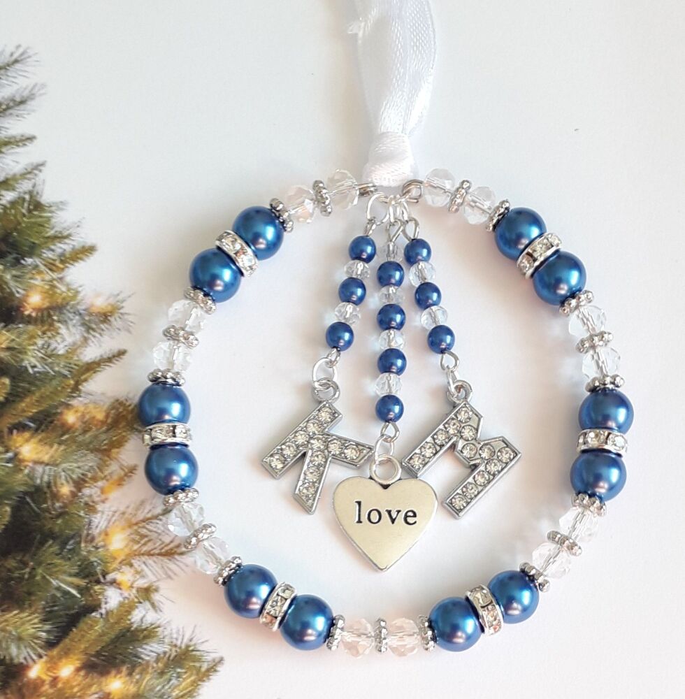 Blue - Love Heart & Rhinestone Initials Christmas Tree Decoration