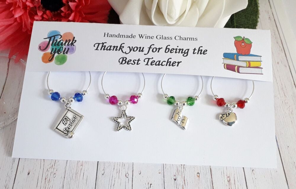 Teacher Theme Wine Glass Charms Set of 4
