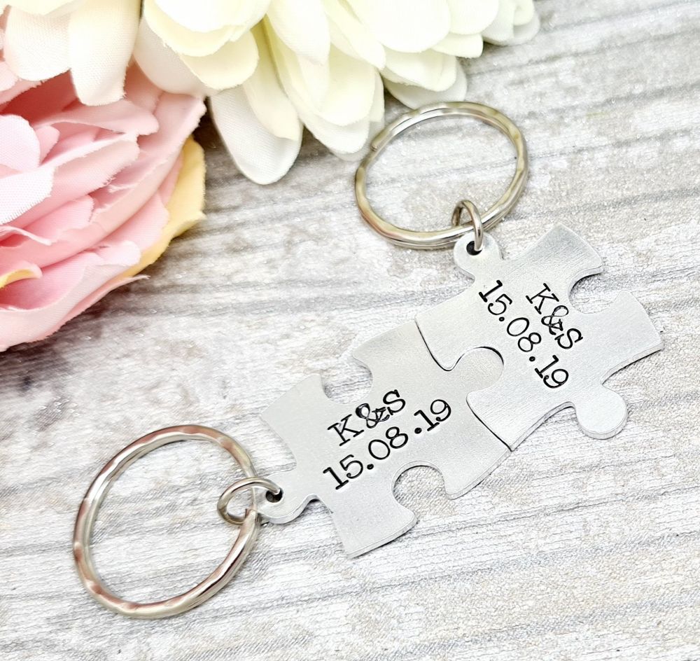 Initials & Date Puzzle Piece Keyrings (set of 2)