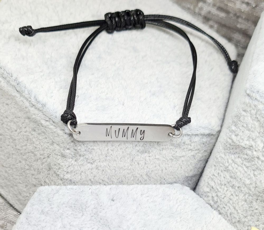 Adjustable Cord Bracelet with Stainless Steel Personalised Bar