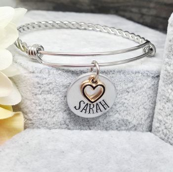 Personalised Bangle with Heart Charms - Twisted Adjustable Bangle