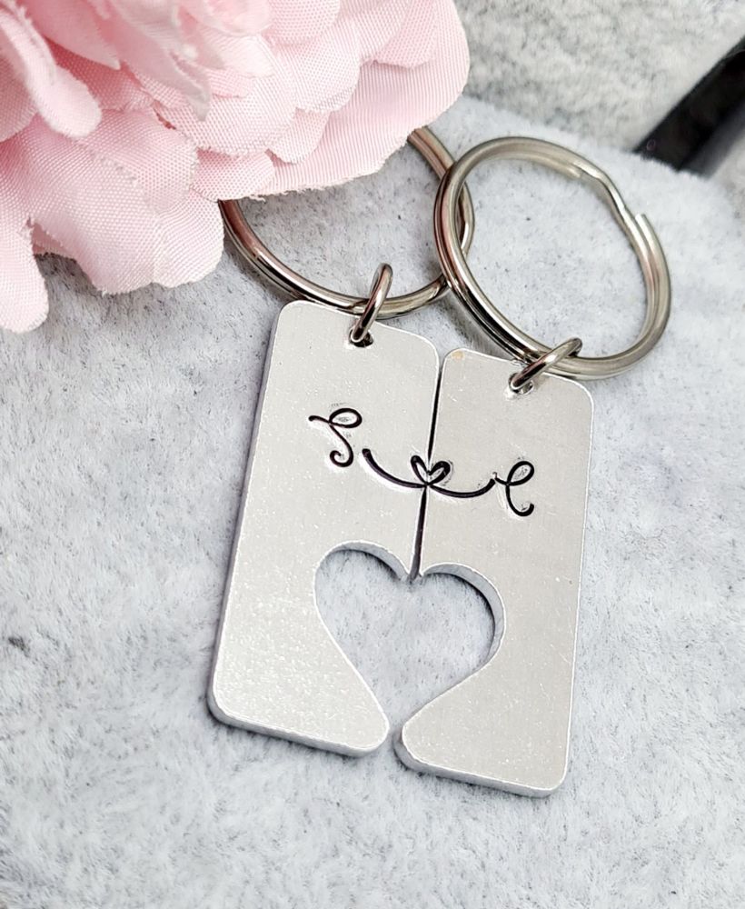 Couples Keyring - Split Keyring with Love Link and initials
