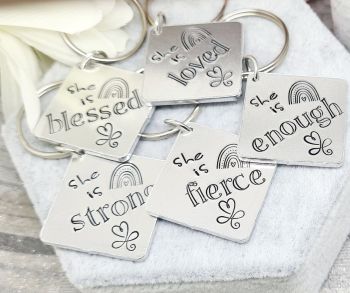 She Is... Keyring - blessed, loved, enough, fierce, strong
