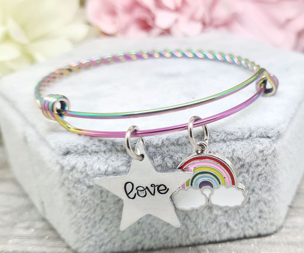 Rainbow Twisted Bracelet - With Star Charm "Love" and Rainbow Charm   
