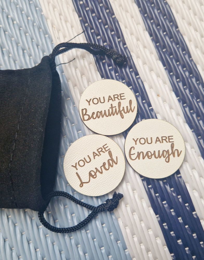 Confidence Token Set - You are Beautiful, Loved & Enough - White Wood - Laser Engraved