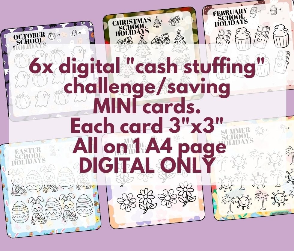 6x Cash Stuffing MINI Challenge Cards - SCHOOL HOLIDAYS **REDUCED**