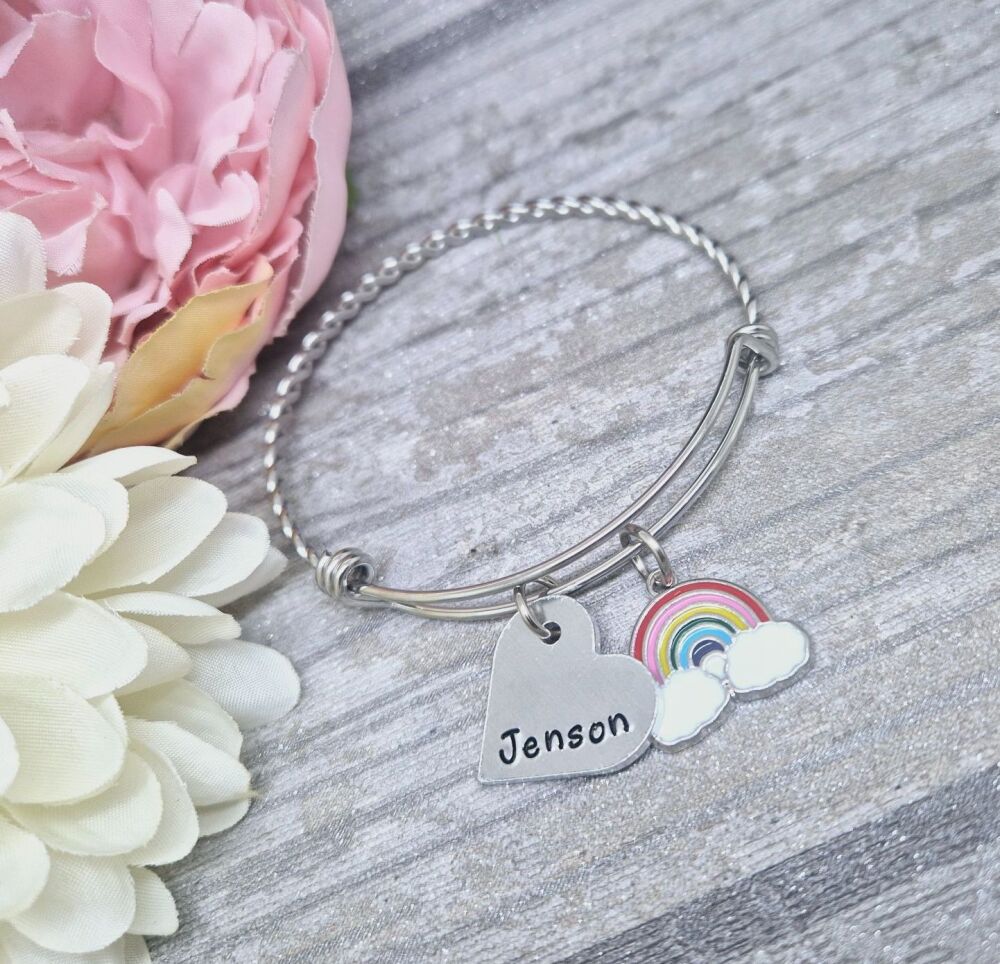 Hearts & Rainbow charms, Personalised name twisted bangle **FIVER FRIDAY 24/05**