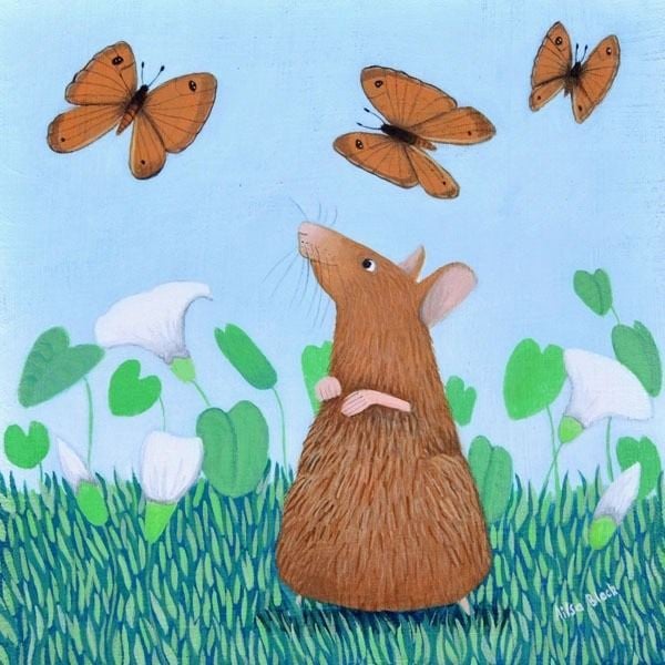 a painting of a mouse playing with butterflies by scottish artist ailsa black