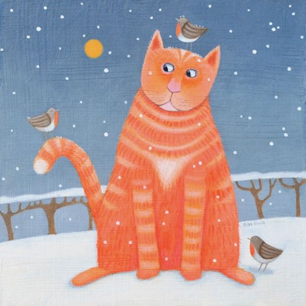 A robin uses a cat's head in this festive winter funny painting.