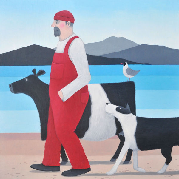 A man, belted galloway and collie dog walk on the beach in this painting by ailsa black