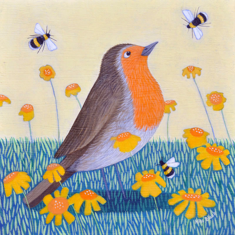 "Deep in Orange" Robin and bumble bees in flowers medium print
