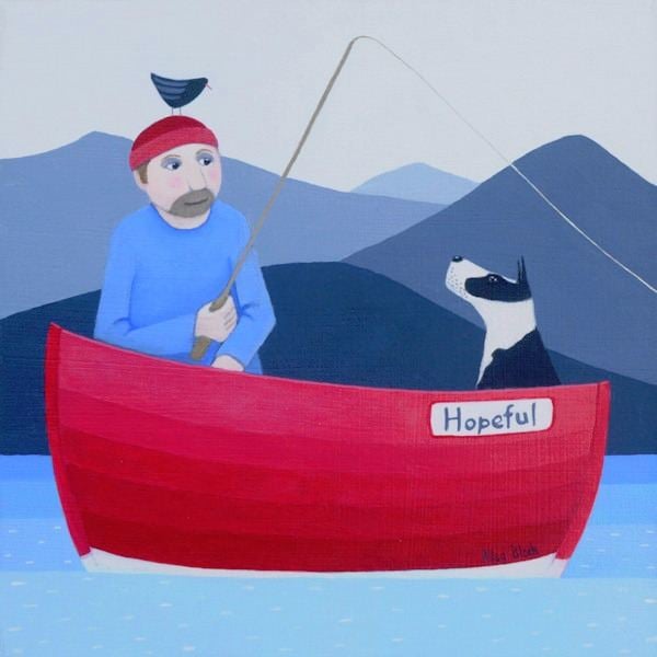 A man and his collie dog go fishing in a boat in this painting by Ailsa Black