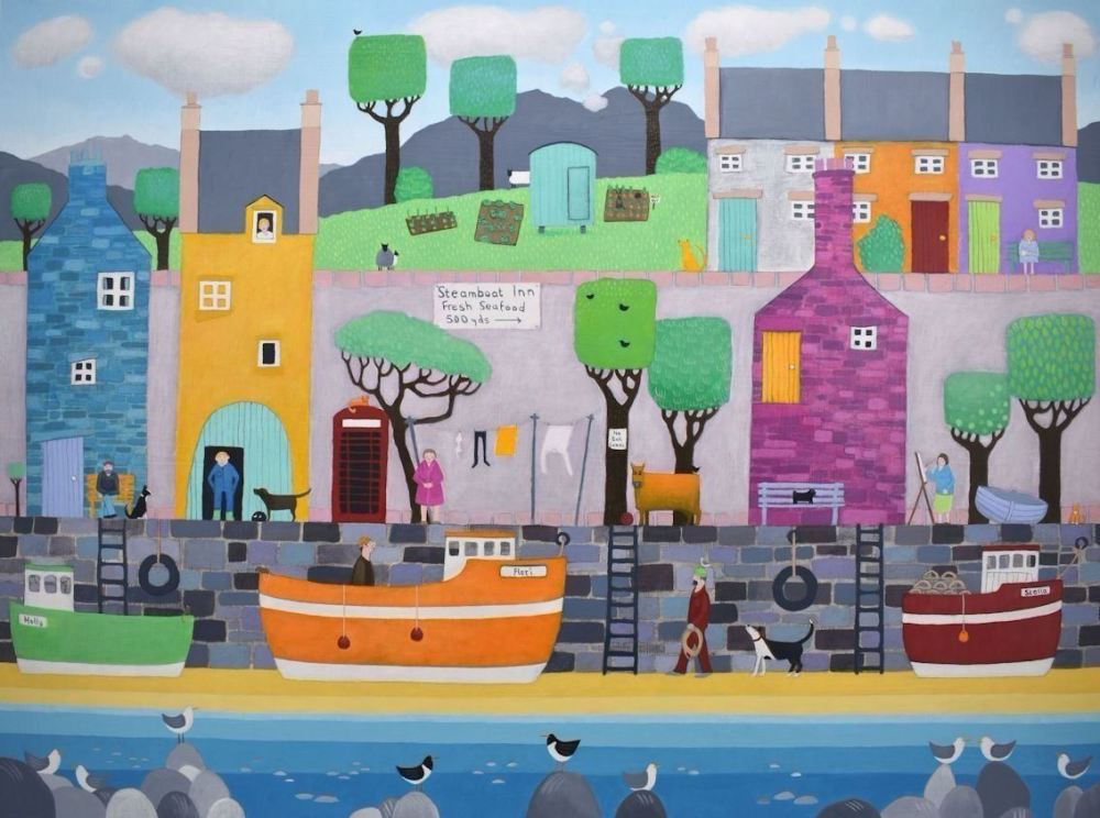 colourful painting of scottish harbour village scene