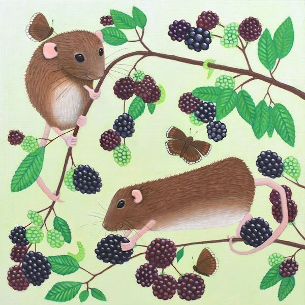 a painting of two dormice feasting on blackberries and brambles by ailsa black