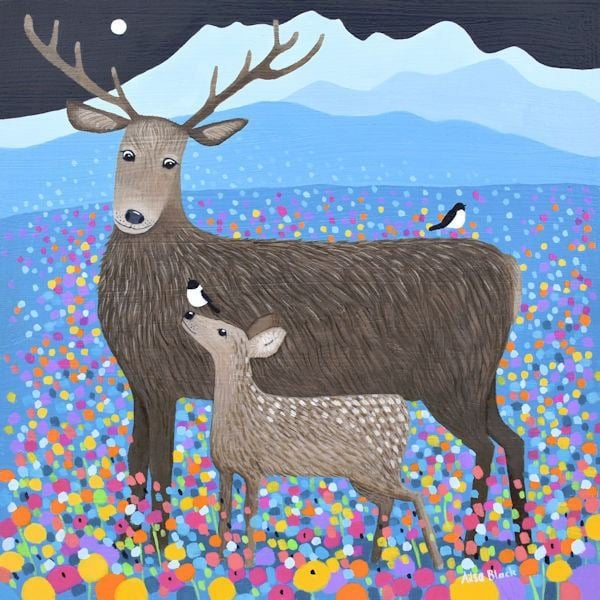 a colouful painting of a der and it's fawn grazing in a field of flowers in scotland by ailsa black