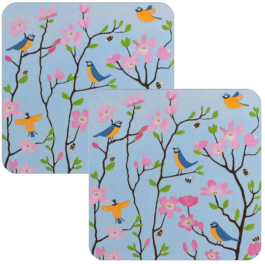 "Blue Tits and Blossoms" Set of 2 Blue Tit Coasters