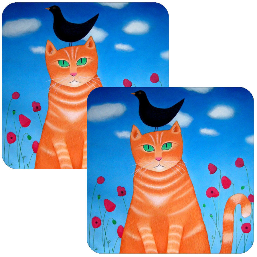 "Burd? Whit Burd?" Set of 2 Orange Tabby Cat Coasters
