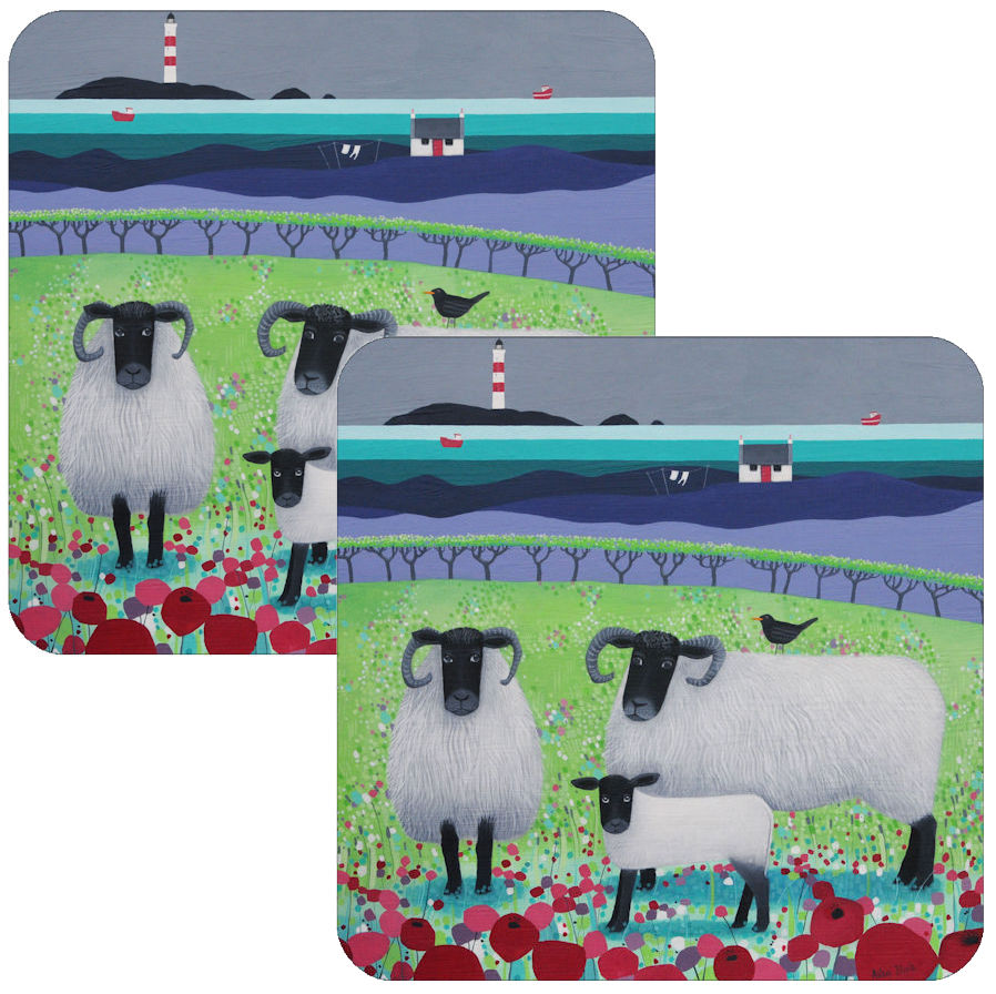 "Highland Fleecies" Set of 2 Black Faced Sheep Coasters