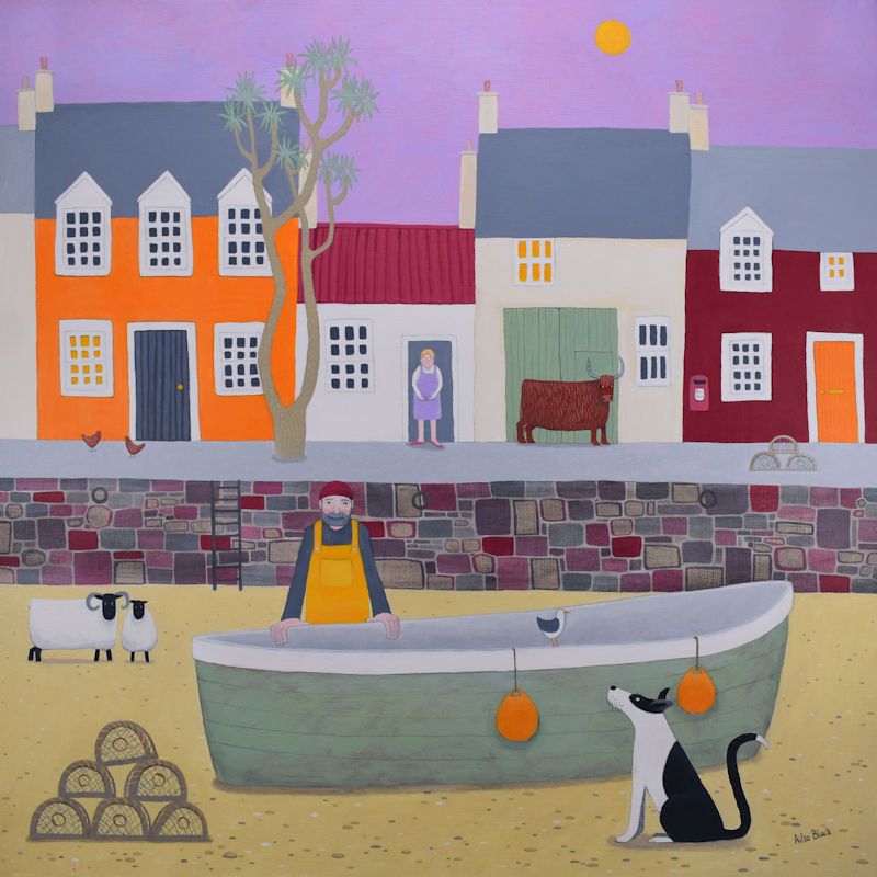 "Dandie Mannie" coastal mini print of Plockton with boat, couple and dog