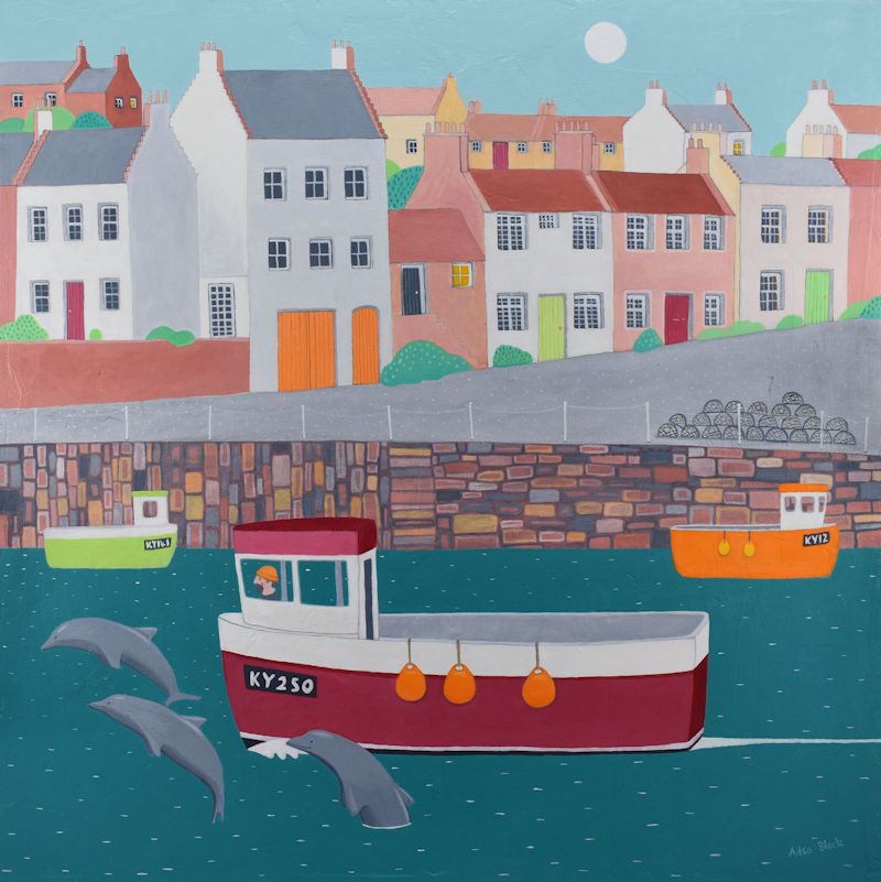 "Puffies" medium print of the fishing village of Crail with dolphins