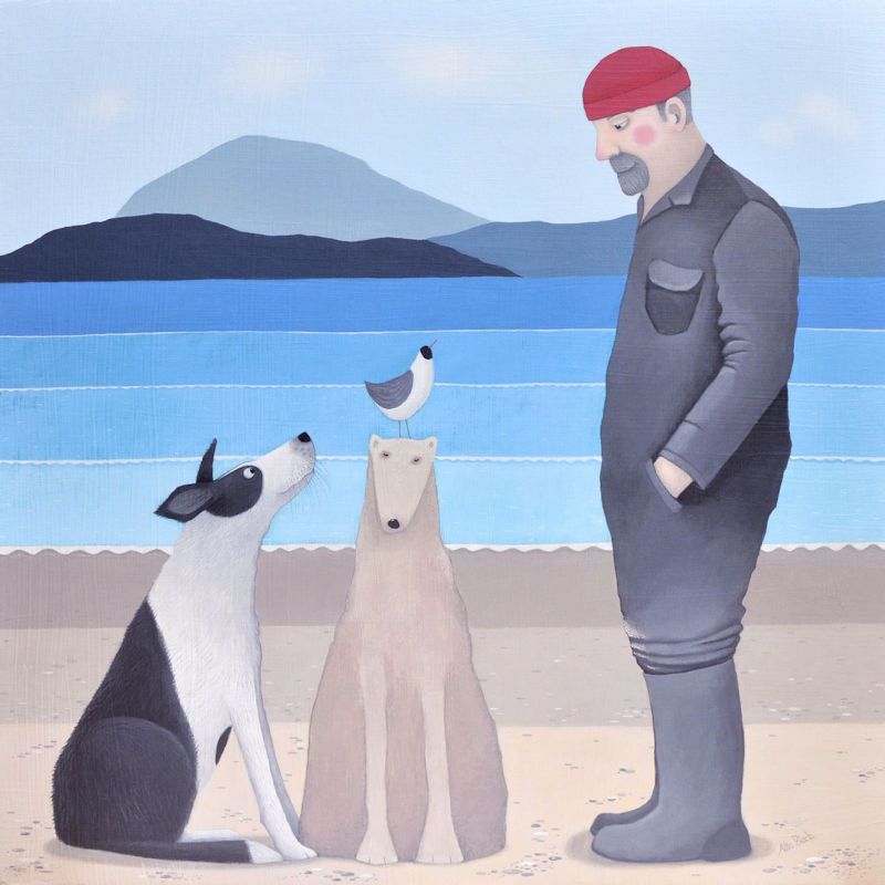 "For the love of a Sand Dog" A man and collie dog with sand-dog large print