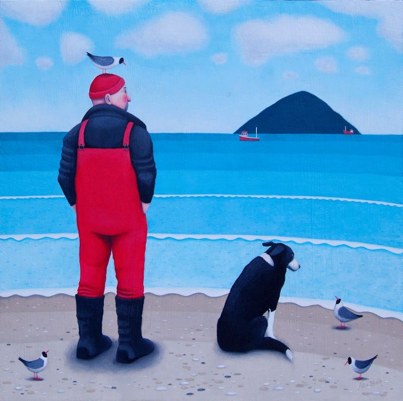 "High Expectations" Large print of a man and collie dog on the shore
