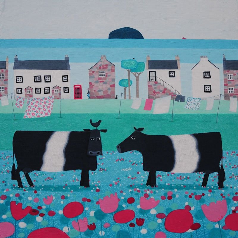 "Where's the Birdie?" Large print with Belted Galloway cows
