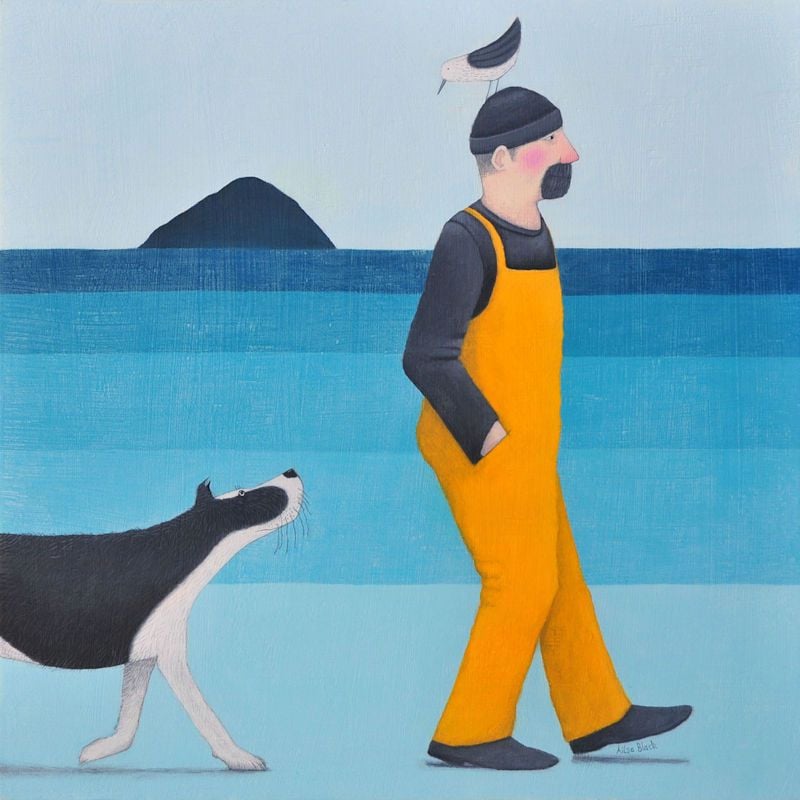 "Who's the Leader?" Large giclee print of a man and dog walking