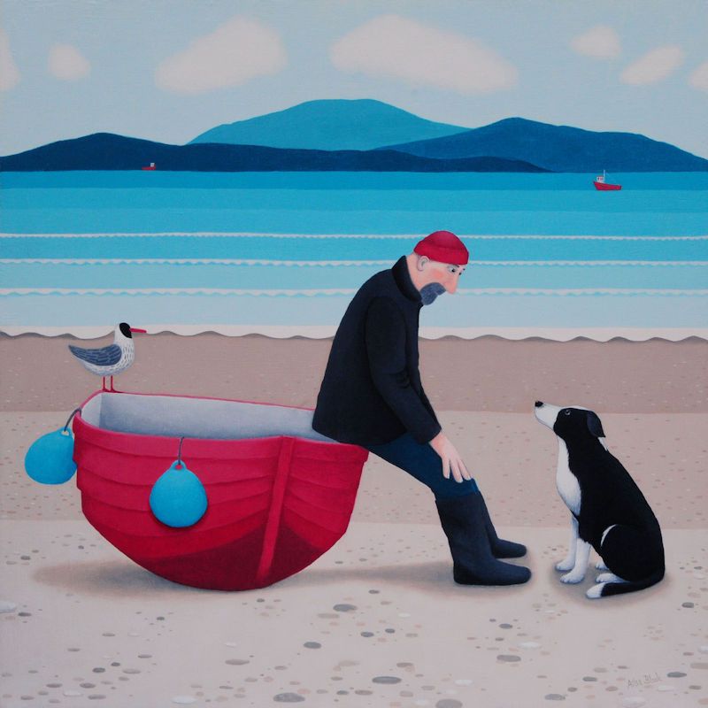 "Pep Talk" Large coastal print of a man, dog and fishing boat