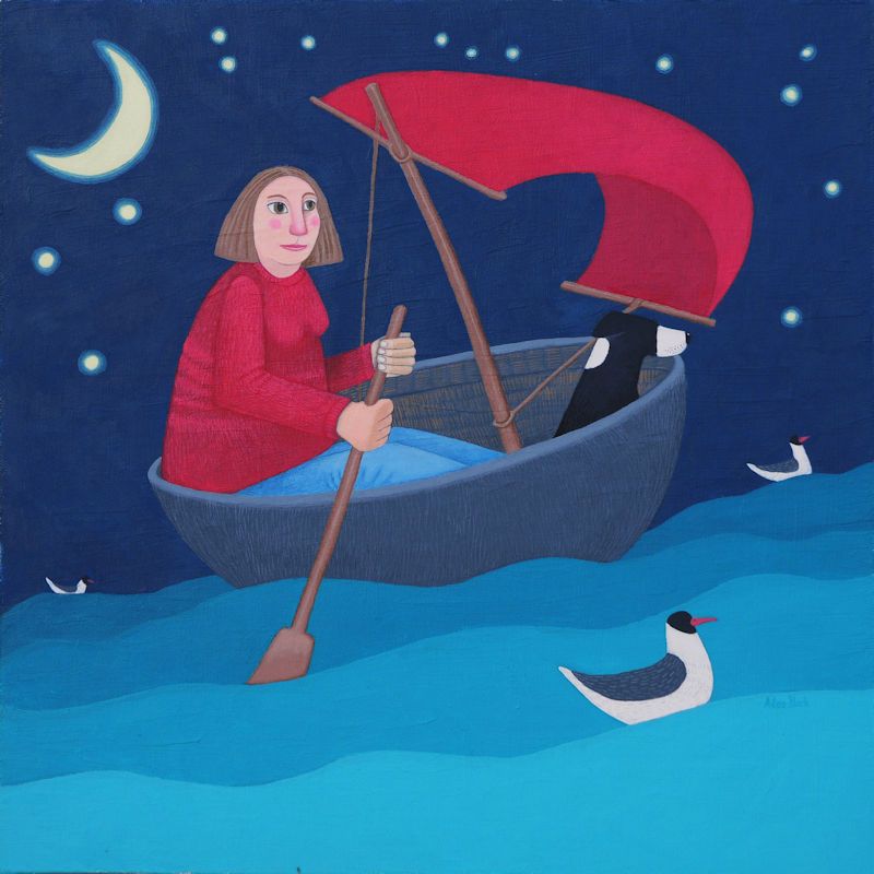 "Moonlit Escapade" Large print of a woman in a coracle with her dog