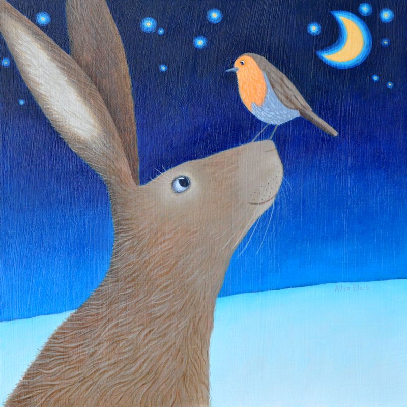 "By the Light of the Moon" Hare and robin medium print