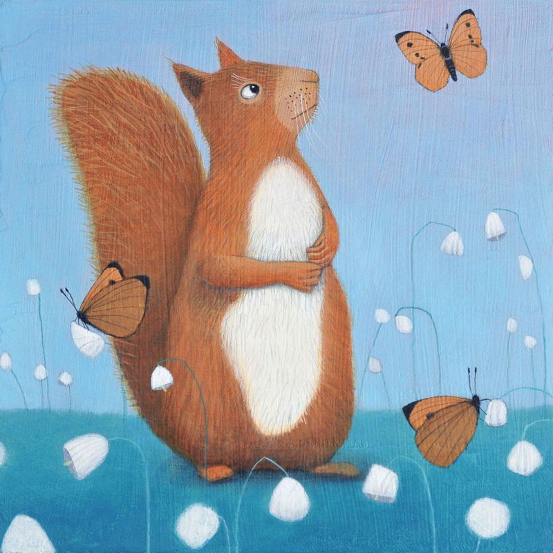 "Curiosity" Red squirrel medium art print with butterflies