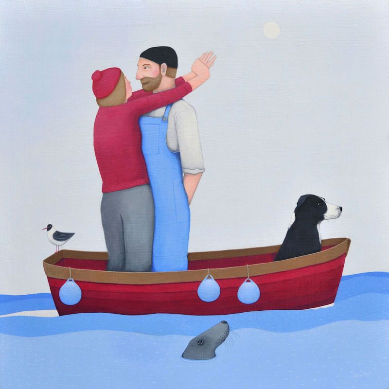 "Drifters" Couple in a boat with collie dog medium giclee print