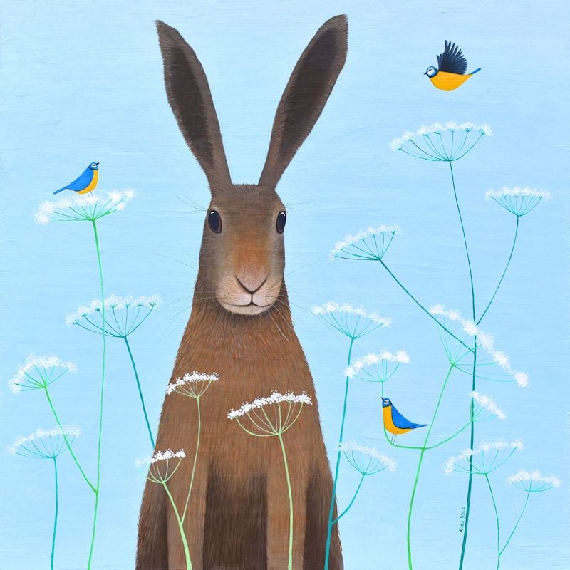 "Feathered Friends" medium hare and bluetit  print