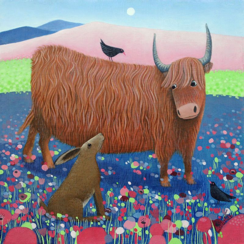 "Hearty Hare" Highland cow and hare medium giclee print