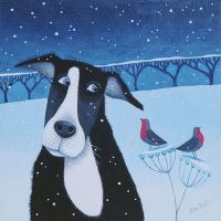 "Hoo Many Snowflakes?" Medium print of a collie and robins in the snow