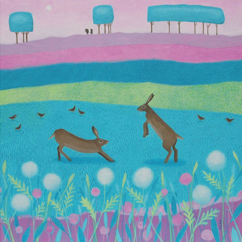 "Hoppity Hickertie" Medium print of hares in a field of flowers