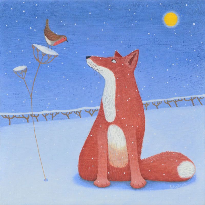 "Moonlit Stories" Red fox and robin in the snow medium print