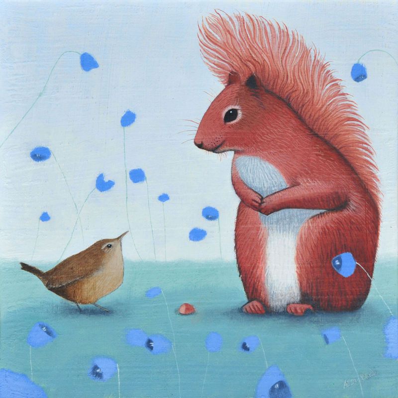 "Offering" Red squirrel and wren medium giclee fine art print