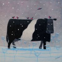 "One More Wee One" Medium print of a Belted Galloway cow in the snow
