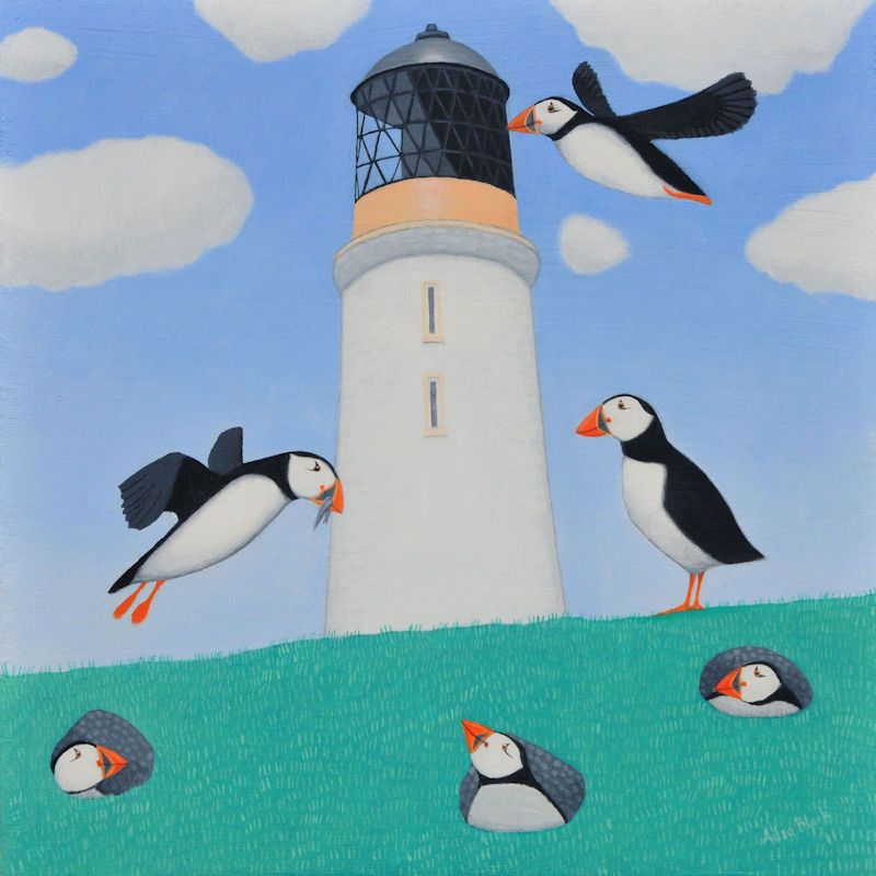 "Paradise of Puffins" Medium print of puffins and a lighthouse