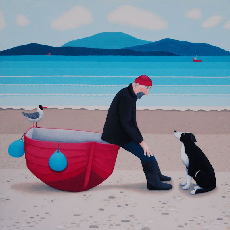 "Pep Talk" Man, collie dog and boat medium giclee print
